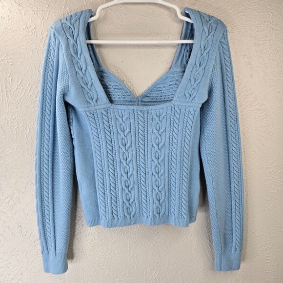 Marciano Guess Cable Knit Sweater Top L Baby Blue Sweetheart Neck Long Sleeve - Picture 7 of 13